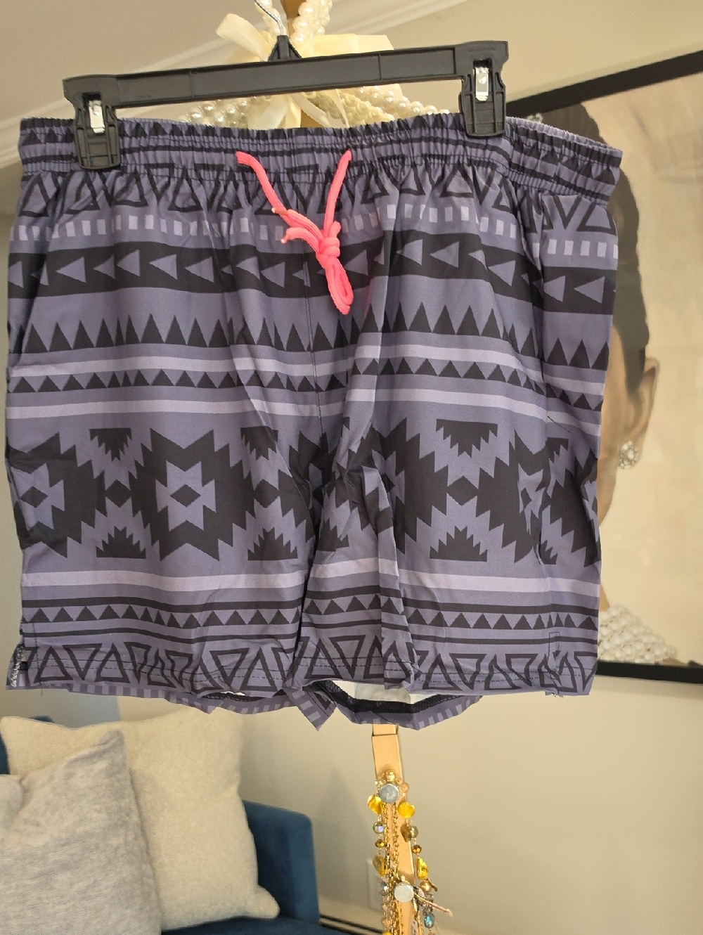 Grey And Black Aztec Print Swim Trunks with Pink Drawcord